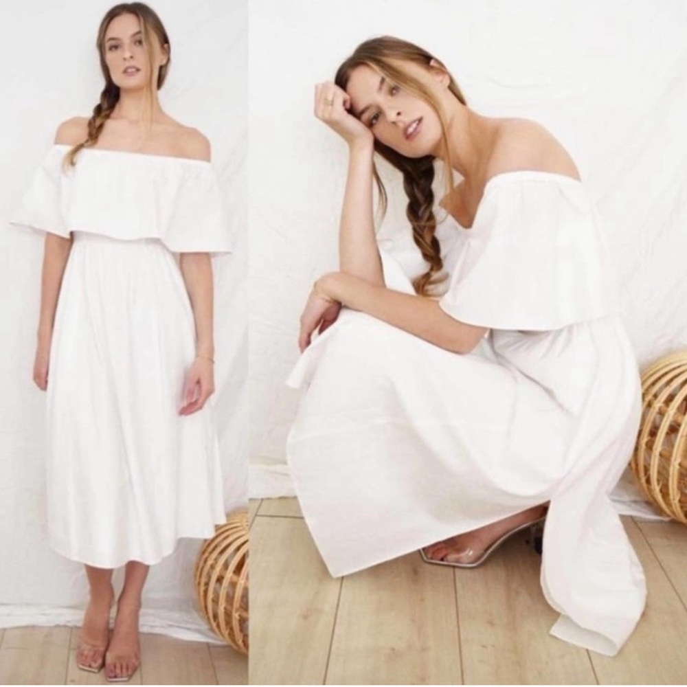 Reformation White Off-Shoulder Midi Dress
